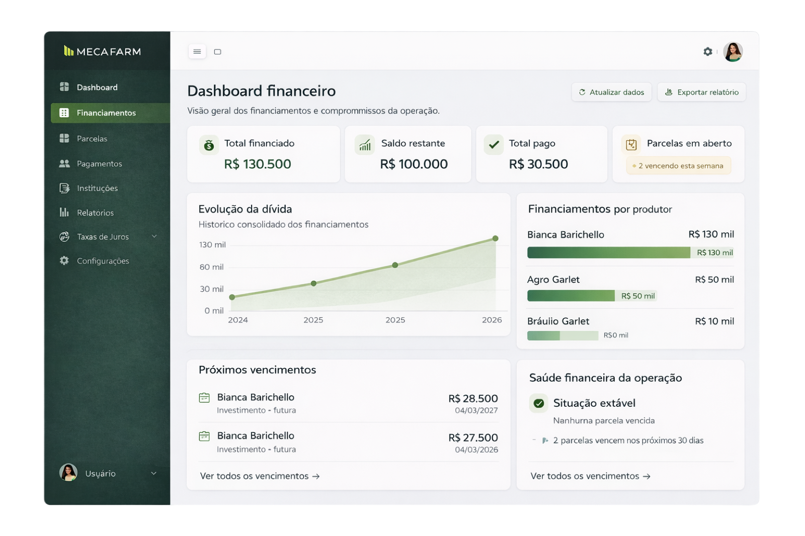 Recorte do dashboard com a evolução da dívida e cartões de resumo